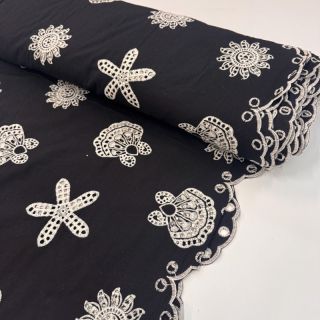 Țesătură din bumbac EMBROIDERY Sea ornaments black