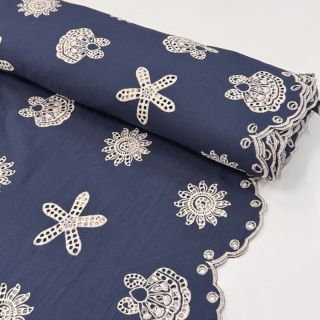 Țesătură din bumbac EMBROIDERY Sea ornaments navy