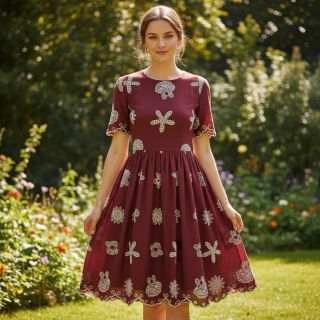 Țesătură din bumbac EMBROIDERY Sea ornaments bordeaux