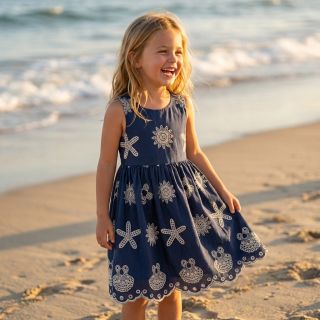 Țesătură din bumbac EMBROIDERY Sea ornaments navy