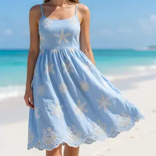 Țesătură din bumbac EMBROIDERY Sea ornaments light blue