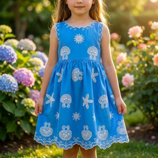 Țesătură din bumbac EMBROIDERY Sea ornaments light blue