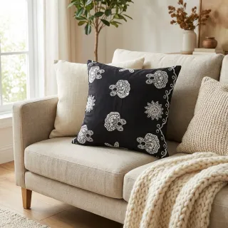 Țesătură din bumbac EMBROIDERY Sea ornaments black