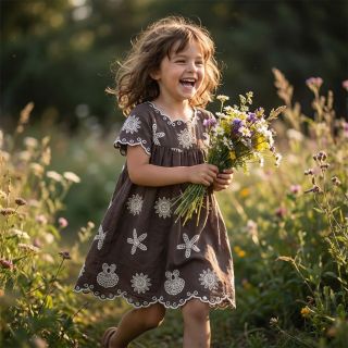 Țesătură din bumbac EMBROIDERY Sea ornaments brown