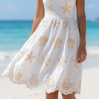 Țesătură din bumbac EMBROIDERY Sea ornaments white