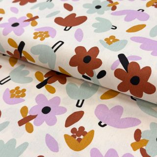 Țesătură din bumbac Flowers natural/lavender by JENNIFER BOURON ORGANIC