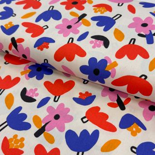 Țesătură din bumbac Flowers natural/blue by JENNIFER BOURON ORGANIC