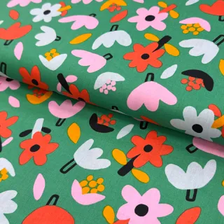 Țesătură din bumbac Flowers green by JENNIFER BOURON ORGANIC