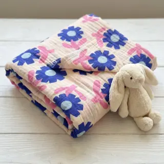 Mușelină Flowers blue by JENNIFER BOURON ORGANIC