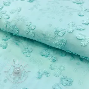 Țesătură din bumbac EMBROIDERY Catchy leaves aqua