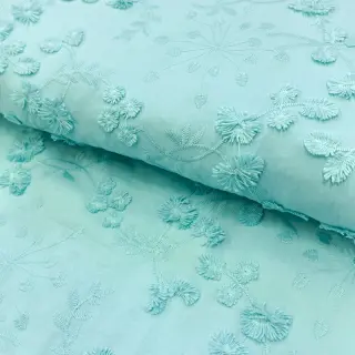 Țesătură din bumbac EMBROIDERY Catchy leaves aqua