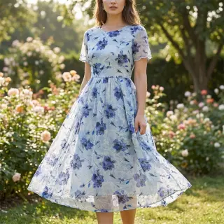 Țesătură din bumbac cu amestec EMBROIDERY Rose blue