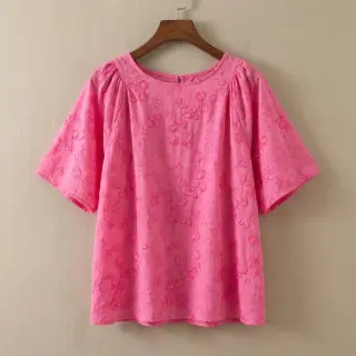 Țesătură din bumbac EMBROIDERY Catchy leaves pink