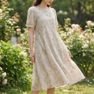 Țesătură din bumbac EMBROIDERY Catchy leaves beige