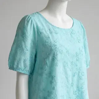 Țesătură din bumbac EMBROIDERY Catchy leaves aqua