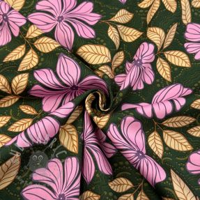 Țesătură din bumbac SATIN Autumn flowers dark green