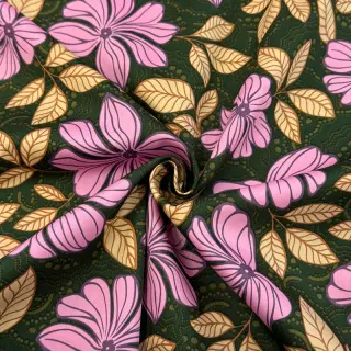 Țesătură din bumbac SATIN Autumn flowers dark green