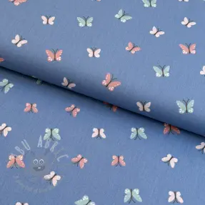 Țesătură din bumbac Birds and butterflies blue ORGANIC