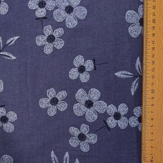 Țesătură din bumbac JEANS Chambre LUXURY JACQUARD Flowers dark blue