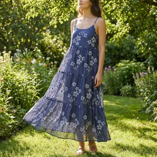 Țesătură din bumbac JEANS Chambre LUXURY JACQUARD Flowers dark blue