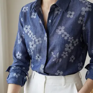 Țesătură din bumbac JEANS Chambre LUXURY JACQUARD Flowers dark blue