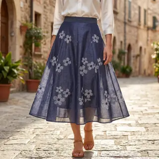 Țesătură din bumbac JEANS Chambre LUXURY JACQUARD Flowers dark blue