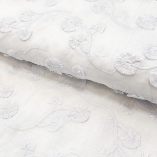 Țesătură din bumbac VOILE EMBROIDERY Flowers with stem white