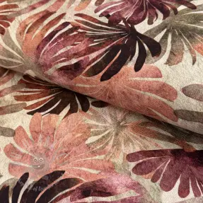 Țesătură decorativă SLUB Leaves burgundy digital print