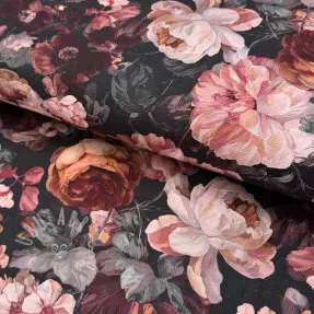 Țesătură decorativă SLUB Bouquet burgundy digital print