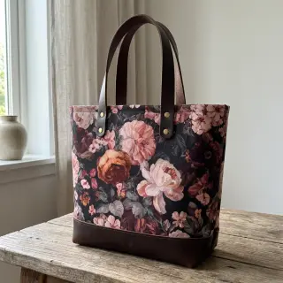 Țesătură decorativă SLUB Bouquet burgundy digital print