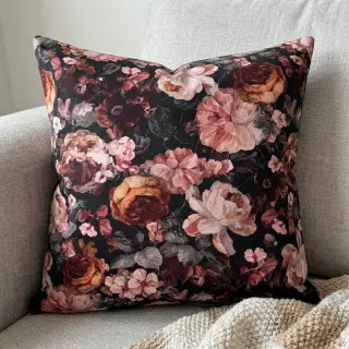 Țesătură decorativă SLUB Bouquet burgundy digital print