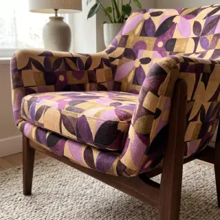 Țesătură decorativă SLUB Abstract flowie aubergine digital print