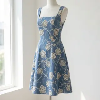 Țesătură din bumbac JEANS EMBROIDERY Flora design D