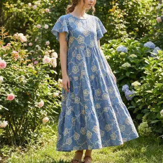 Țesătură din bumbac JEANS EMBROIDERY Flora design D