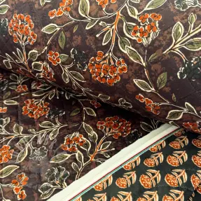 Tesătură elastică din catifea VELVET QUILT Flowers leaves dark brown