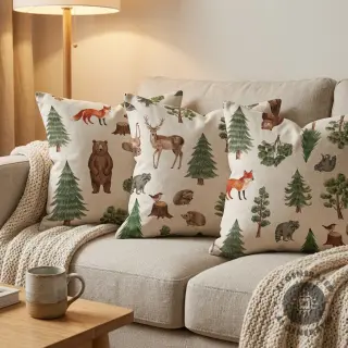 Țesătură decorativă Linenlook Wildwood animal scene digital print