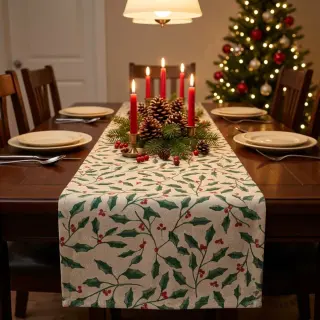 Țesătură decorativă Linenlook Holly branch Xmas