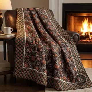 Tesătură elastică din catifea VELVET QUILT Flowers leaves dark brown