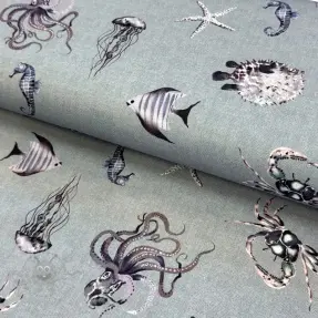 Țesătură decorativă Underwater animals grey digital print