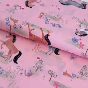 Țesătură din bumbac Farm animals BIG light pink digital print