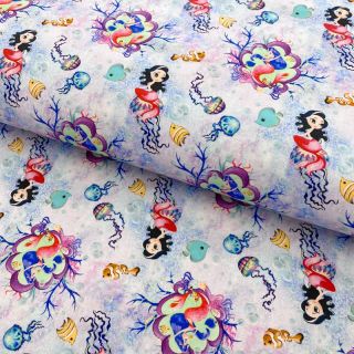 Țesătură din bumbac Snoozy fabrics Mermaids violet digital print