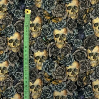 Tricot Skull and roses black grey digital print