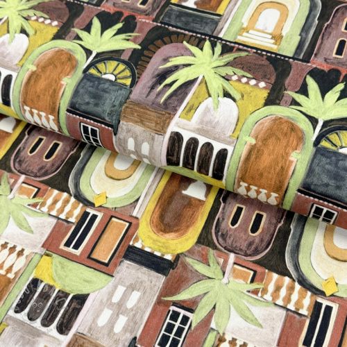 Țesătură decorativă Tropical cottages brique digital print