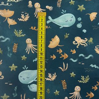 Țesătură din bumbac Whales petrol digital print