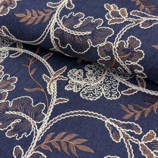 Țesătură din bumbac JEANS Embroidery leaves dark blue