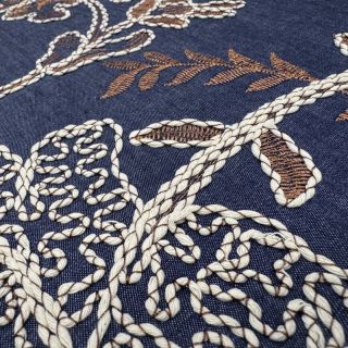 Țesătură din bumbac JEANS Embroidery leaves dark blue