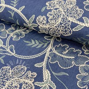 Țesătură din bumbac JEANS Embroidery leaves light blue