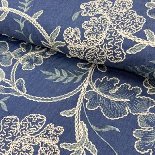 Țesătură din bumbac JEANS Embroidery leaves light blue