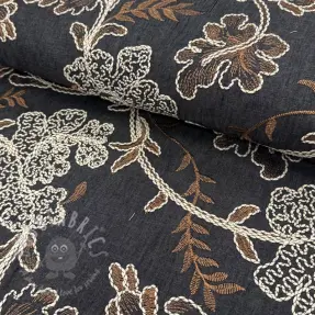 Țesătură din bumbac JEANS Embroidery leaves black