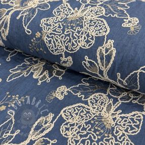 Țesătură din bumbac JEANS EMBROIDERY Bouquet blue